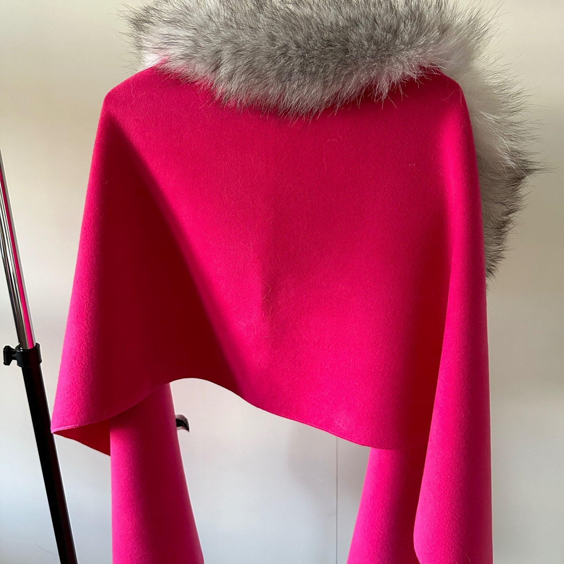 Women Hot Pink Scarf Stole Cape Wraps Woolen blend and trim arctic fox fur - My Love Cape