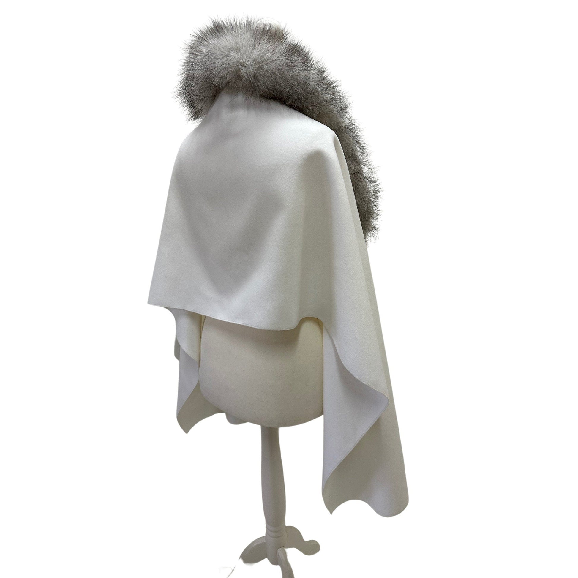 Women Ivory Grey Scarf Stole Cape Wraps Woolen blend and trim arctic fox fur - My Love Cape