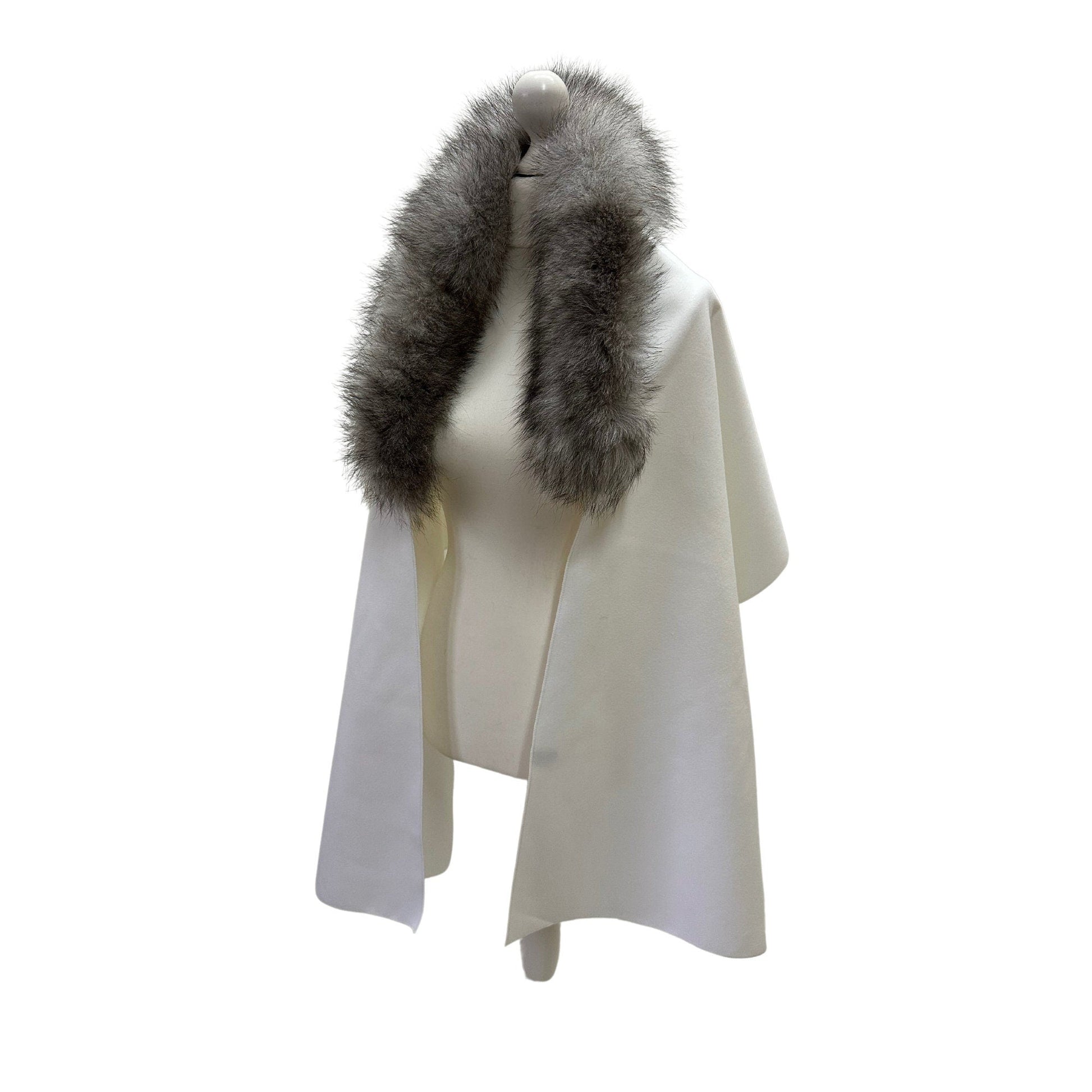 Women Ivory Grey Scarf Stole Cape Wraps Woolen blend and trim arctic fox fur - My Love Cape