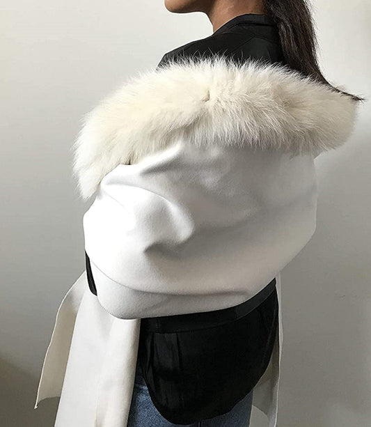 Women Ivory Scarf Stole Cape Wraps Woolen blend and trim arctic fox fur - My Love Cape