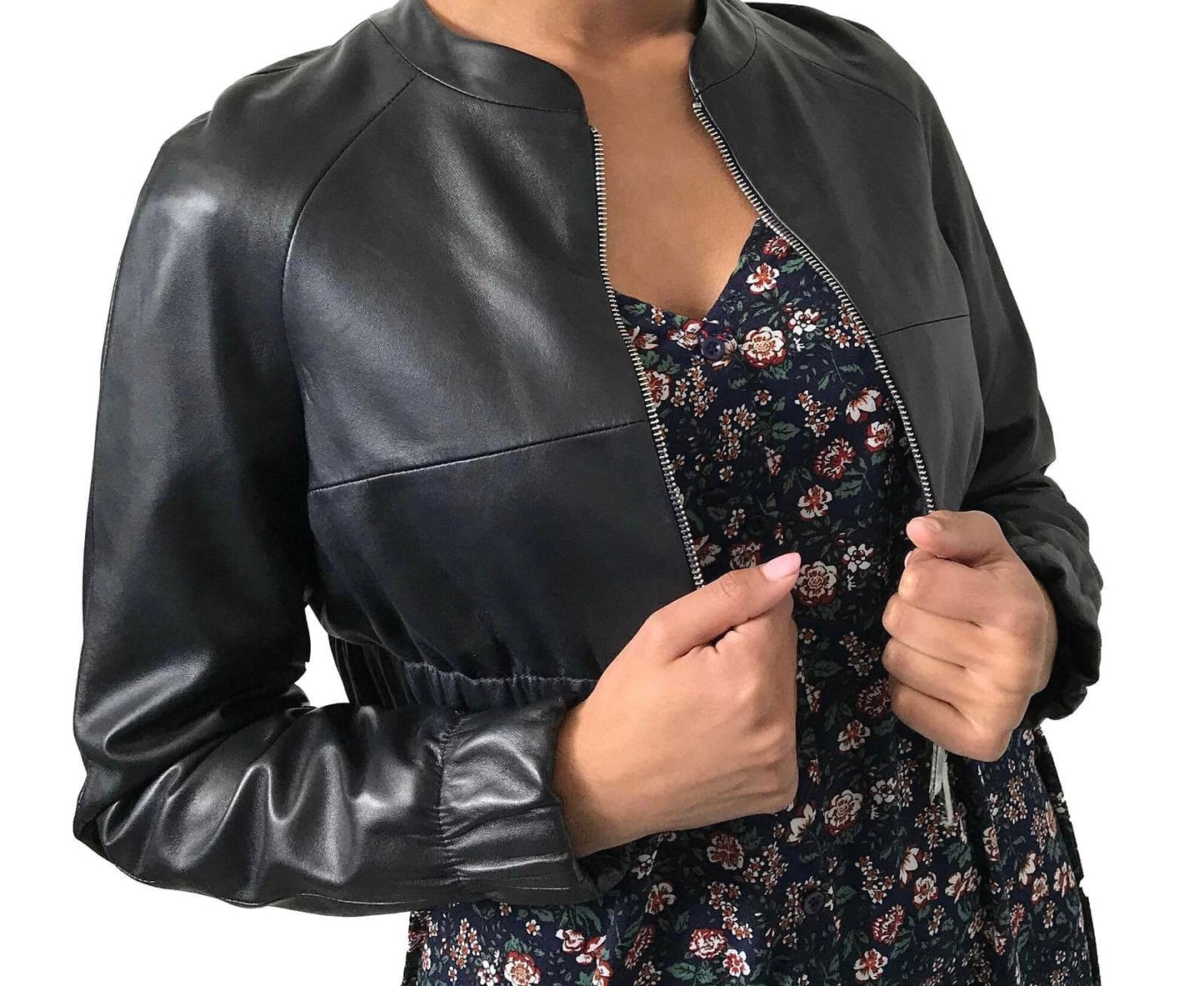 Women Navy leather short jacket - My Love Cape