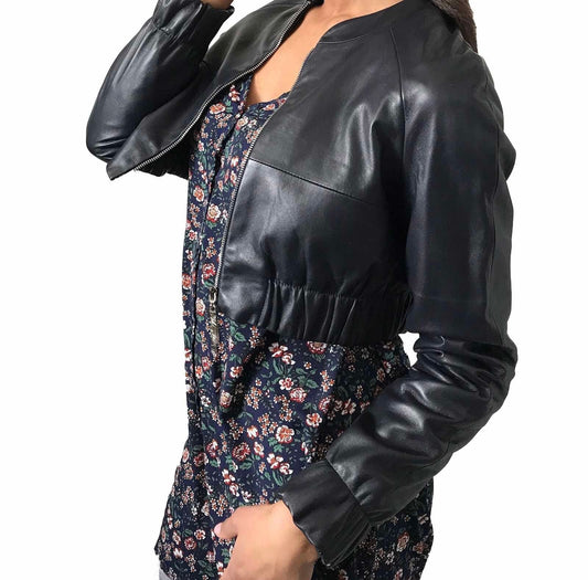 Women Navy leather short jacket - My Love Cape