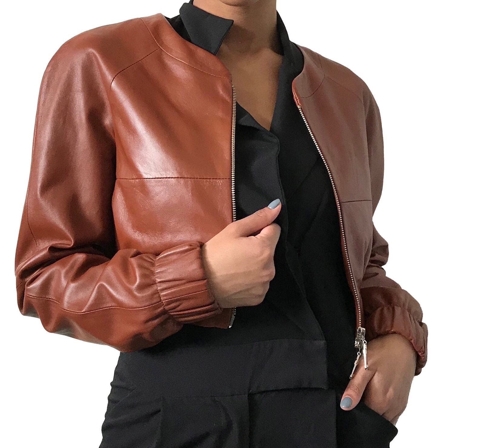 Women Orange leather short jacket - My Love Cape