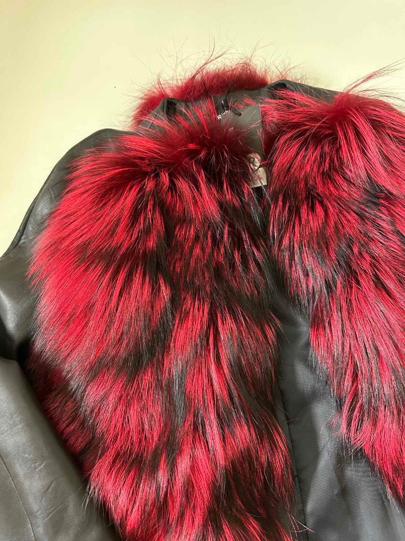 Women Red jacket сoat silver fox fur and leather, Stand with Ukraine - My Love Cape