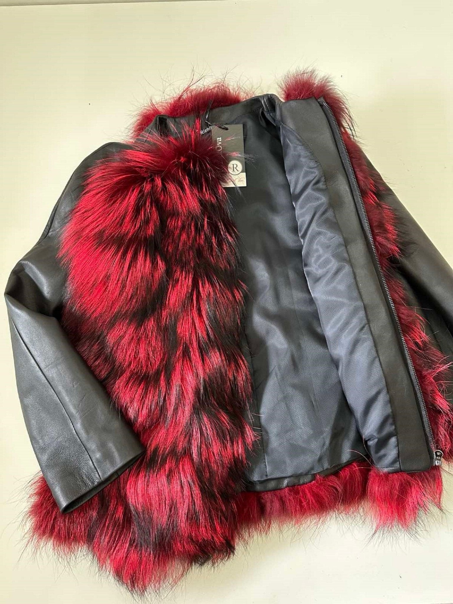 Women Red jacket сoat silver fox fur and leather, Stand with Ukraine - My Love Cape