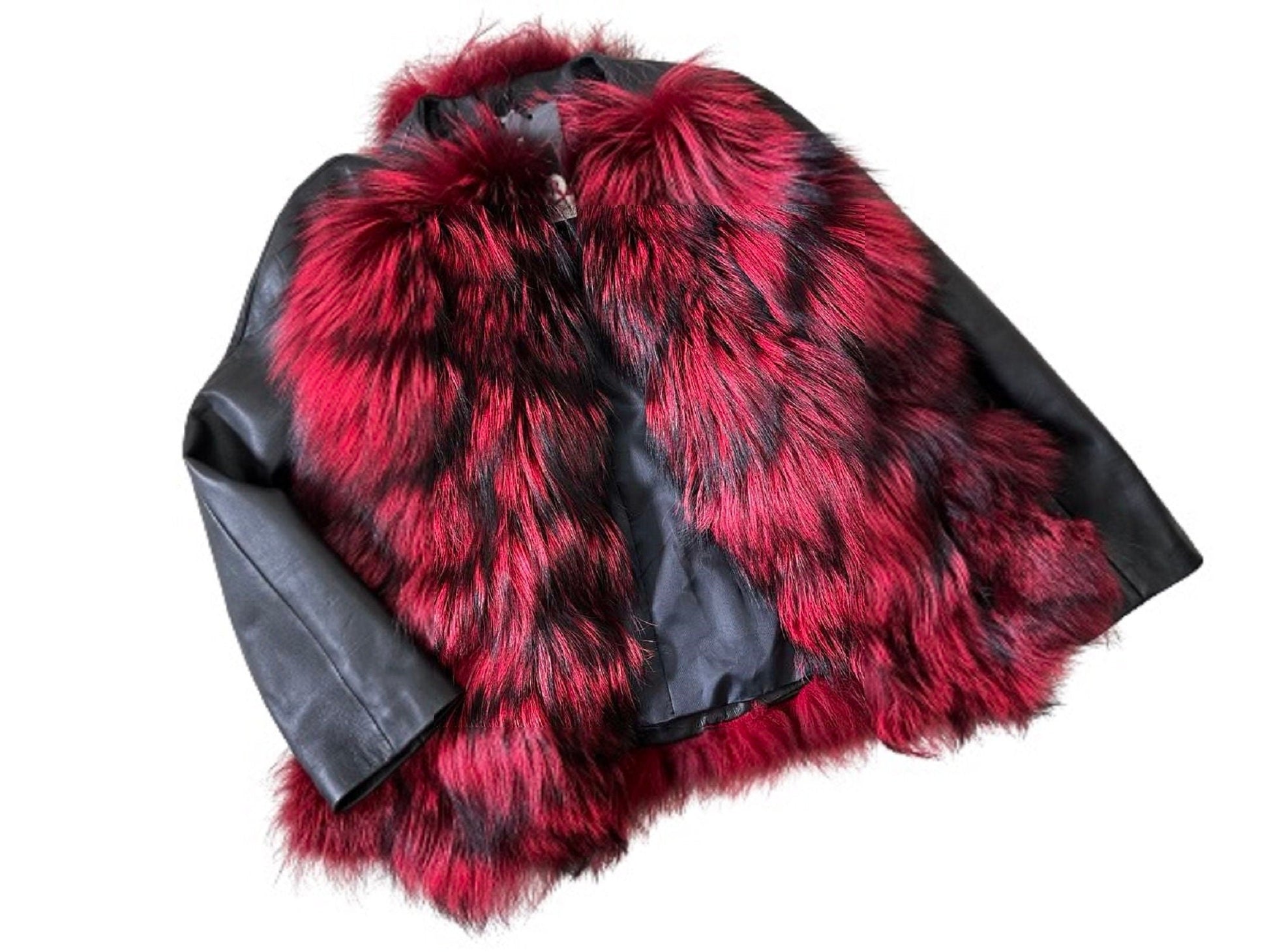 Women Red jacket сoat silver fox fur and leather, Stand with Ukraine - My Love Cape