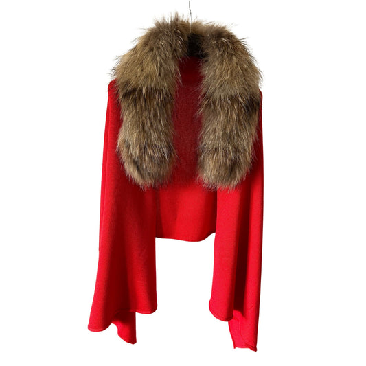 Women Red Scarf Stole Cape Wrap Merino with silk Detachable raccoon fur collar - My Love Cape