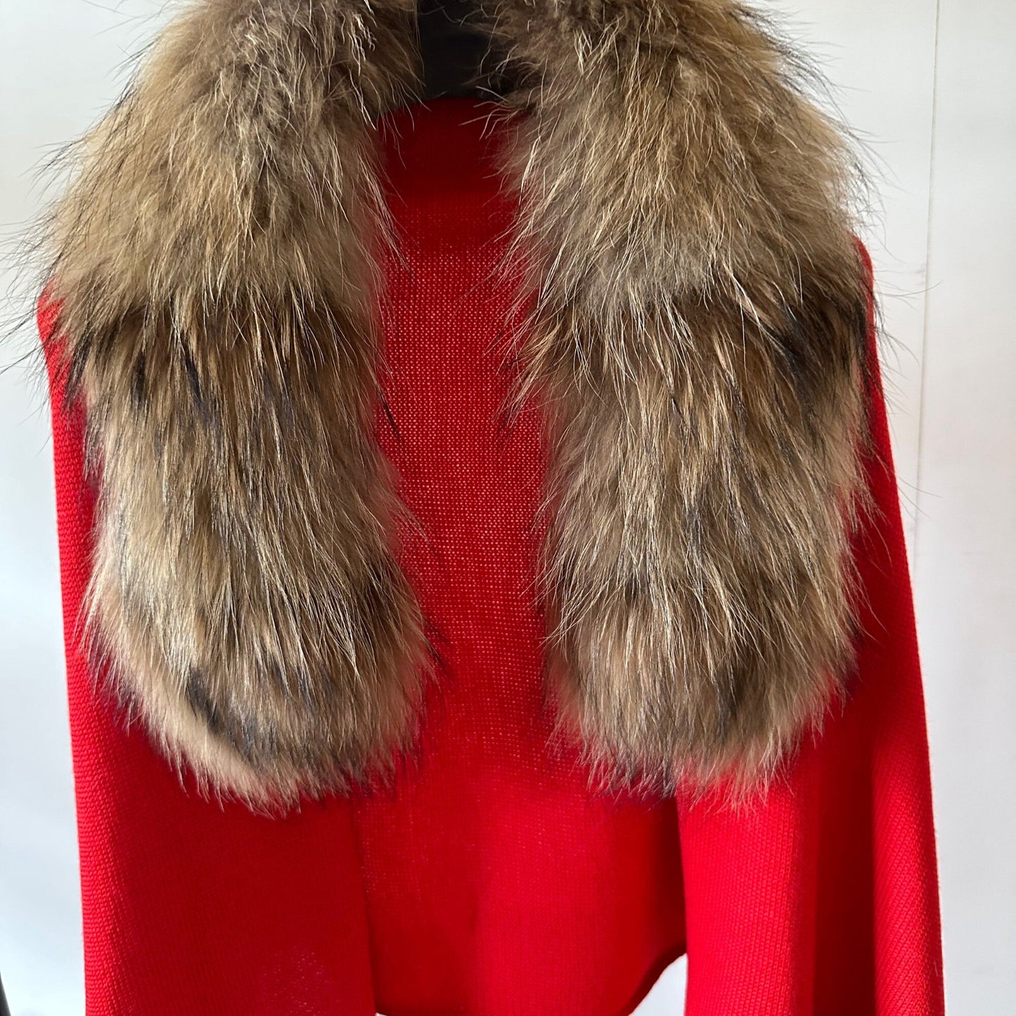 Women Red Scarf Stole Cape Wrap Merino with silk Detachable raccoon fur collar - My Love Cape