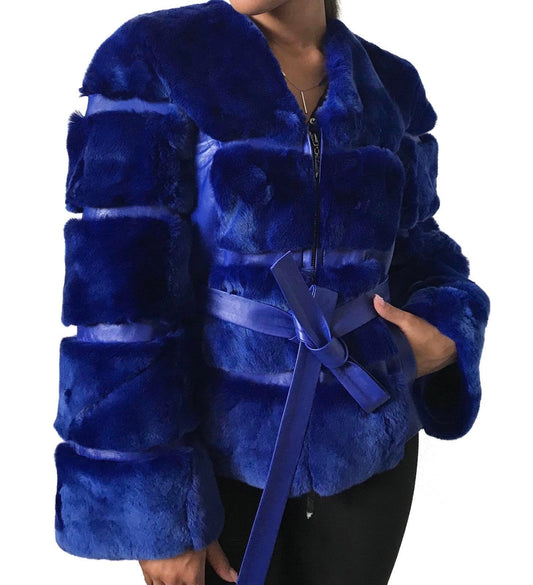 Women Royal Blue jacket сoat Rex Rabbit fur and Leather - My Love Cape