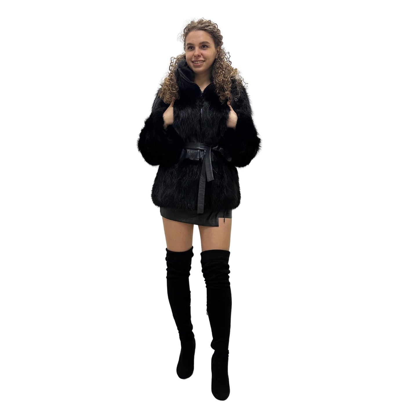 Women's Black Fox Fur and Genuine Leather Coat with Zipper and Belt – Elegant and Luxurious (S) - My Love Cape