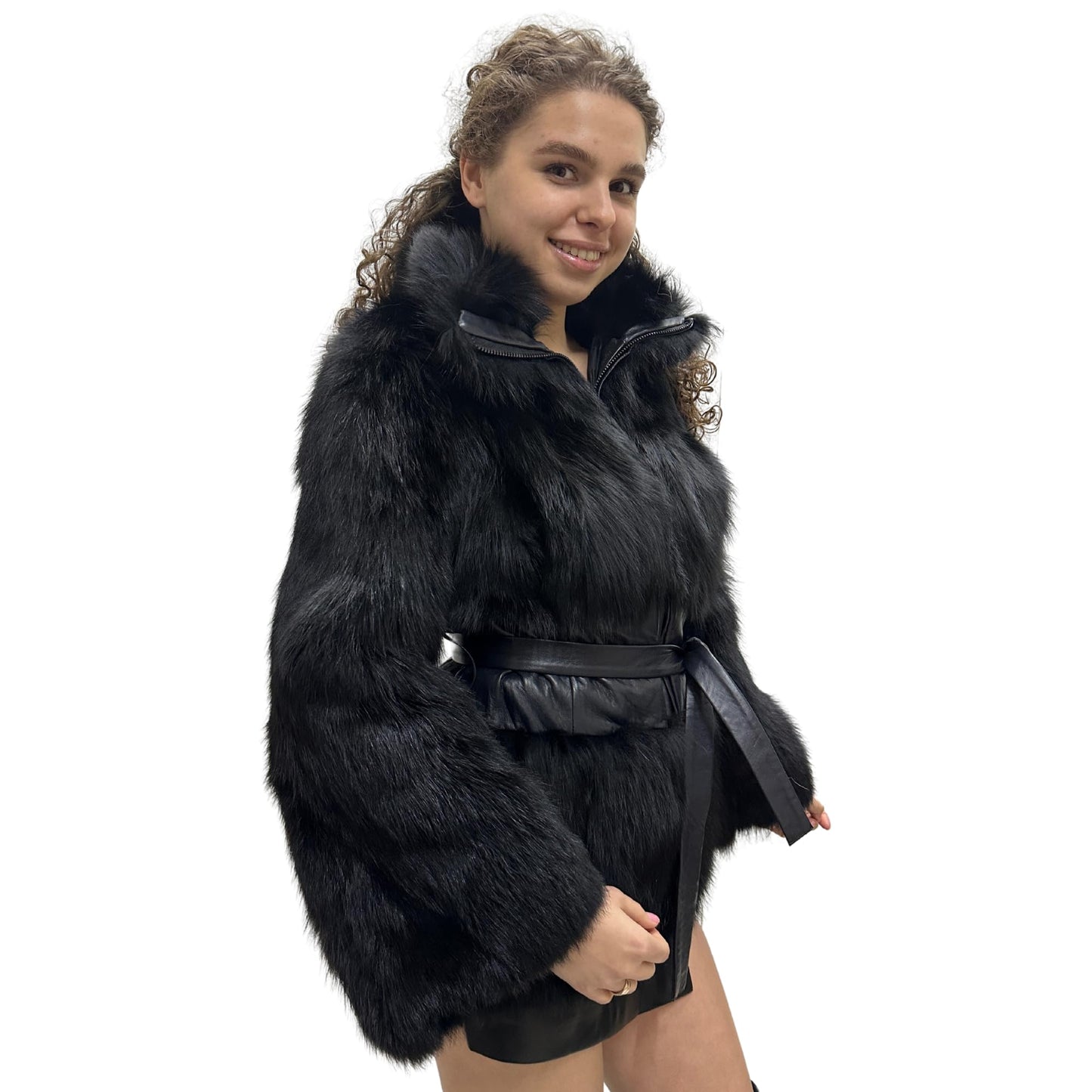 Women's Black Fox Fur and Genuine Leather Coat with Zipper and Belt – Elegant and Luxurious (S) - My Love Cape