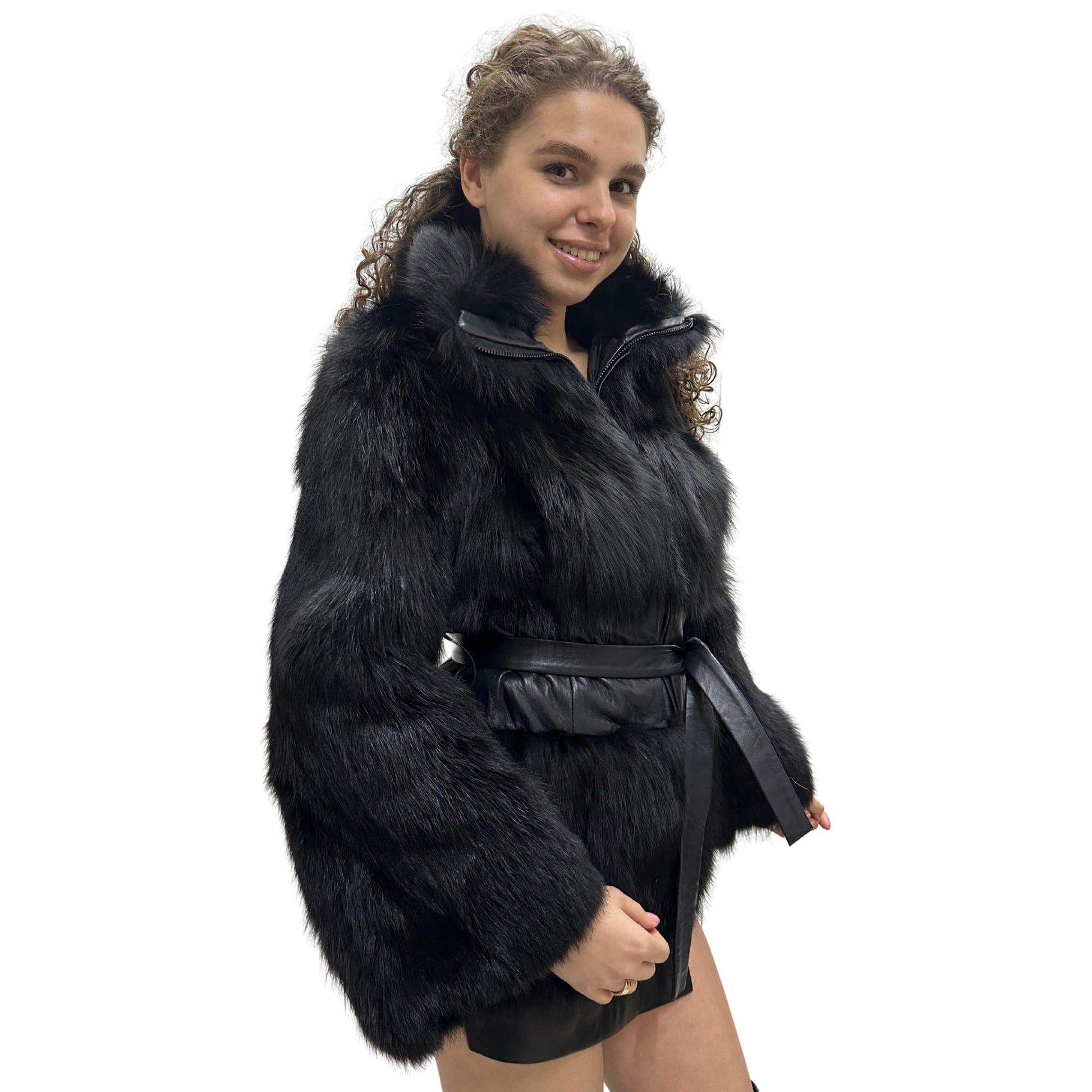 Women's Black Fox Fur and Genuine Leather Coat with Zipper and Belt – Elegant and Luxurious (S) - My Love Cape