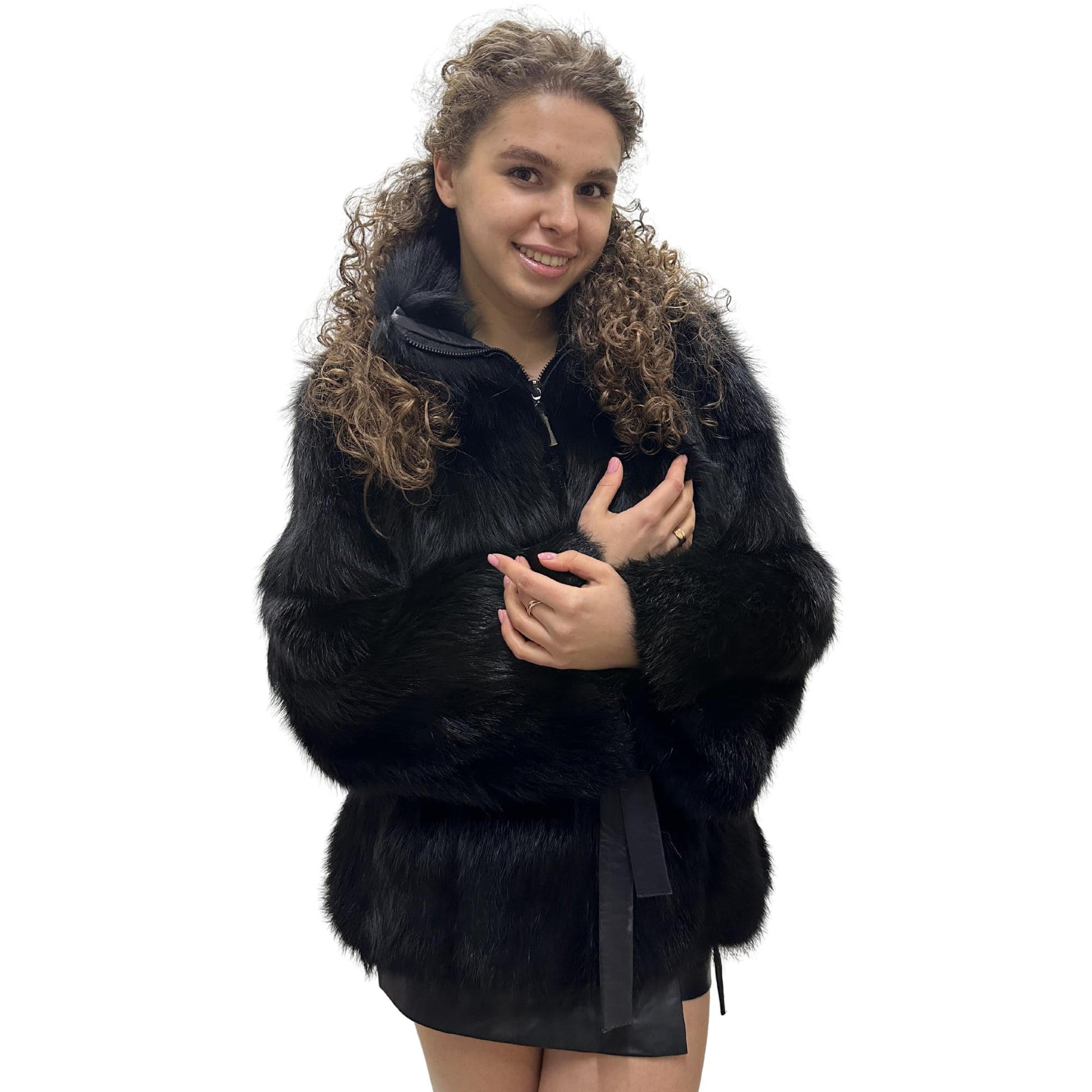 Women's Black Fox Fur and Genuine Leather Coat with Zipper and Belt – Elegant and Luxurious (S) - My Love Cape