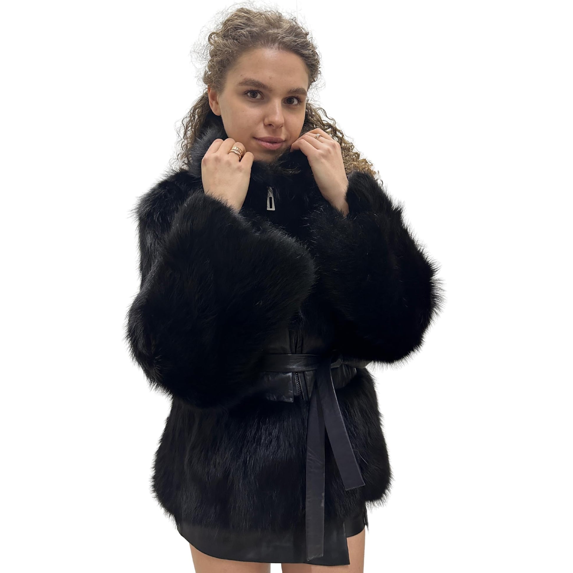 Women's Black Fox Fur and Genuine Leather Coat with Zipper and Belt – Elegant and Luxurious (S) - My Love Cape