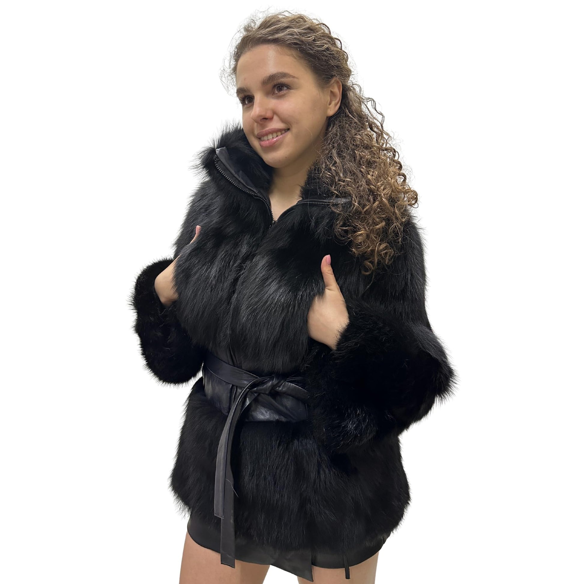 Women's Black Fox Fur and Genuine Leather Coat with Zipper and Belt – Elegant and Luxurious (S) - My Love Cape