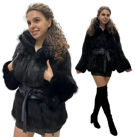 Women's Black Fox Fur and Genuine Leather Coat with Zipper and Belt – Elegant and Luxurious (S) - My Love Cape