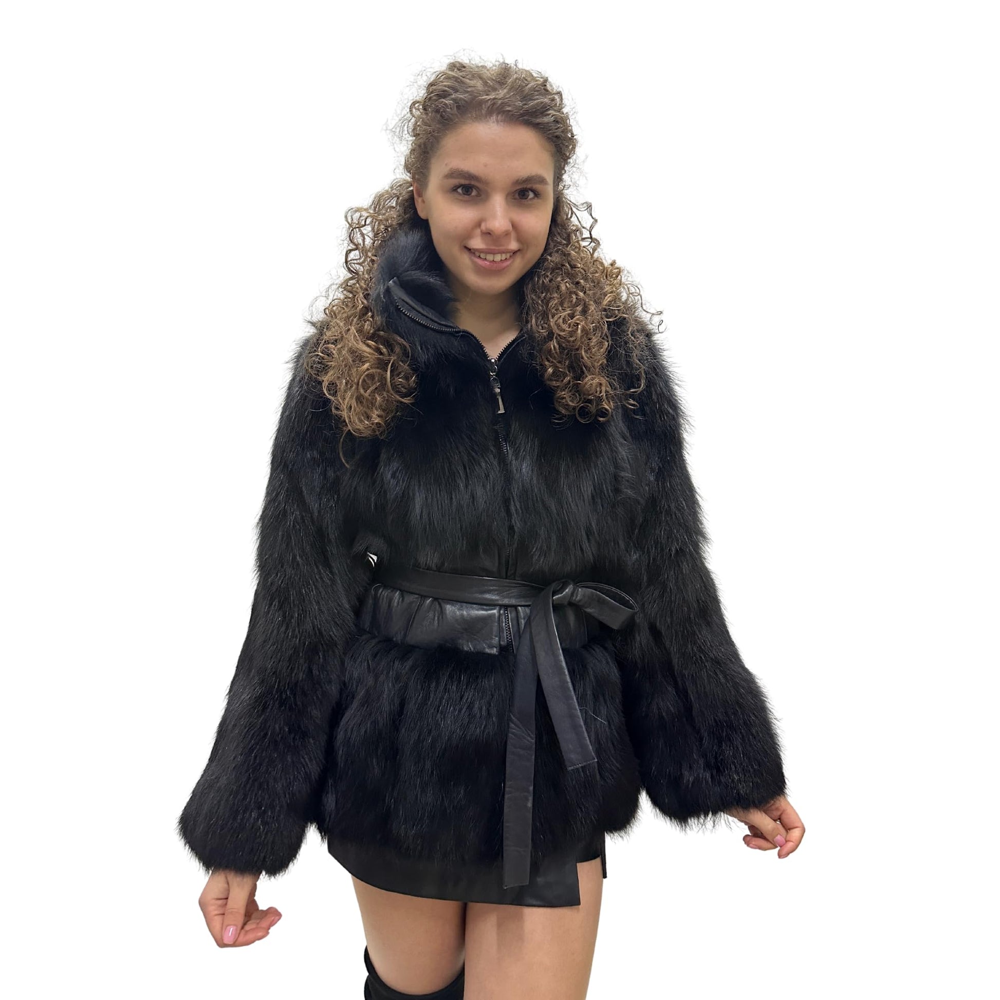 Women's Black Fox Fur and Genuine Leather Coat with Zipper and Belt – Elegant and Luxurious (S) - My Love Cape